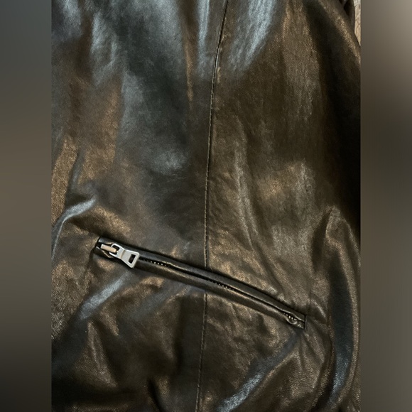 Diane Von Furstenberg Black Leather Jacket with zip off draw string hood - Picture 10 of 11